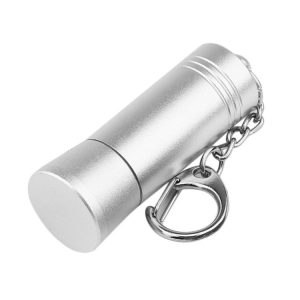 Small silver metal capsule keychain with attached chain and clasp, portable accessory, novelty tech-themed keychain, perfect for gifting or personal use, stylish and functional.