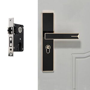 High-security electronic door lock with modern black and gold handle, including a mechanical lock mechanism, ideal for secure access control in residential or commercial properties.