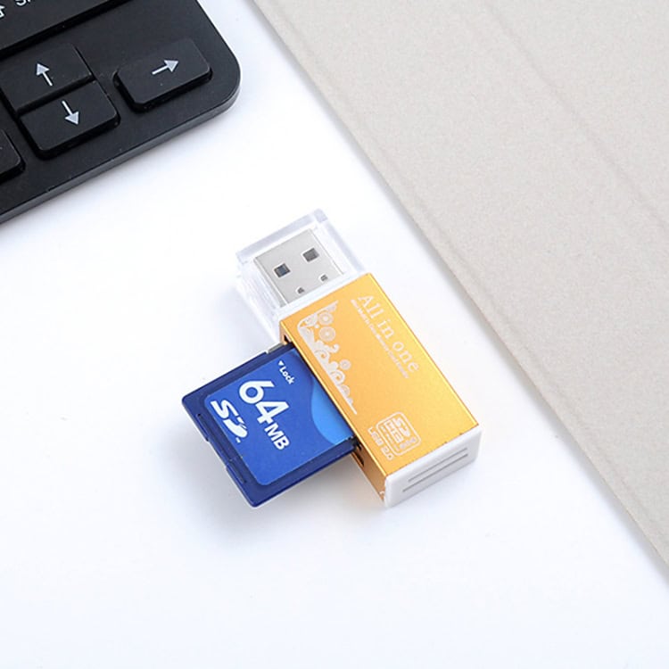 Ultimate Multi-in-1 Memory Card Reader for SD, Micro SD, TF, M2, MMC - 70 Characters 4 Usb Flash Drive With Microsd Card On White Surface With Black Keyboard In Background.