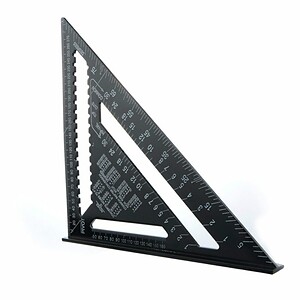 Precision metal carpenter's speed square, black durable aluminum ruler for woodworking and construction projects.