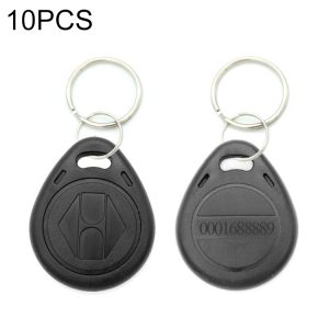 RFID key fobs for access control, 10-pack, compatible with syndmart security systems, black plastic remote fobs with metal key rings.