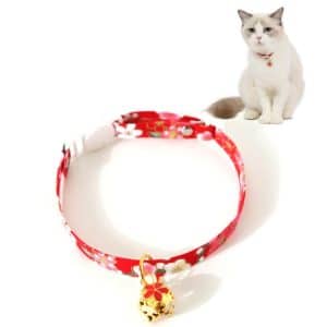 Red floral cat collar featuring a gold bell and a decorative charm.