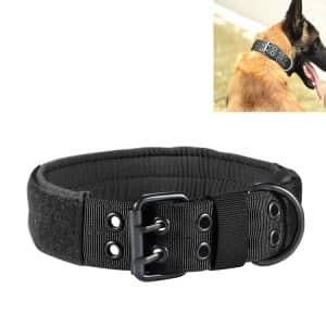 Black training collar for dogs with adjustable strap and metal buckle.
