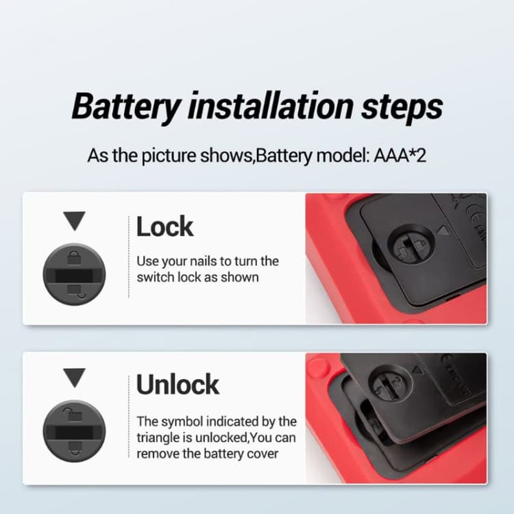 ANENG M118A High-Precision Auto Range Digital Multimeter, Multi-Function 11 Aaa Battery Installation Steps Infographic For Battery Model Aaa*2, Showing How To Lock And Unlock The Battery Cover With Clear Visual Instructions.