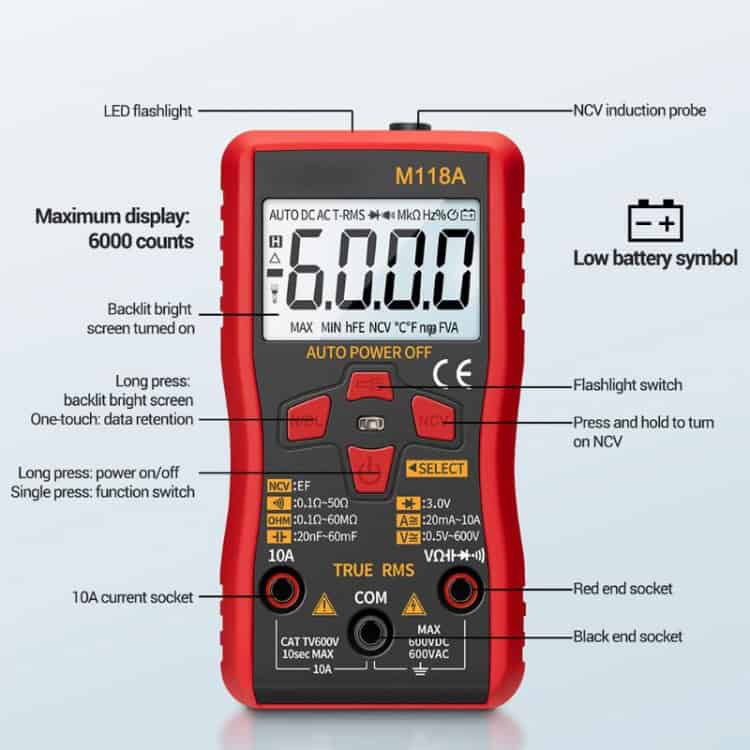 ANENG M118A High-Precision Auto Range Digital Multimeter, Multi-Function 9 10-In-1 Digital Multimeter With Ncv Test, Led Flashlight, And Backlit Display For Accurate Electrical Measurements And Troubleshooting.