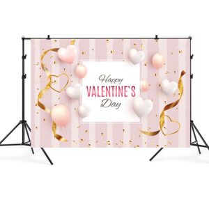 Pink valentine's day backdrop with white and pink heart-shaped balloons, gold ribbon, and confetti for romantic celebrations and events at syndmart.com.