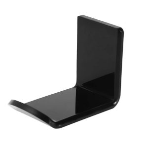 Black phone stand holder for desk or countertop, ergonomic and space-saving, ideal for smartphones and tablets. Perfect accessory for office or home setup, promoting organized workspace.