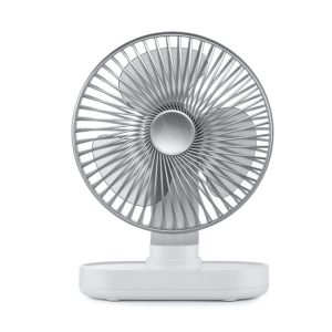 A compact tabletop electric fan with a silver grille and white base, featuring four blades for airflow.