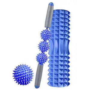 Blue spiky massage roller with textured surface and ergonomic handle for muscle relief and relaxation. Perfect for fitness enthusiasts and physical therapy at home or gym settings.