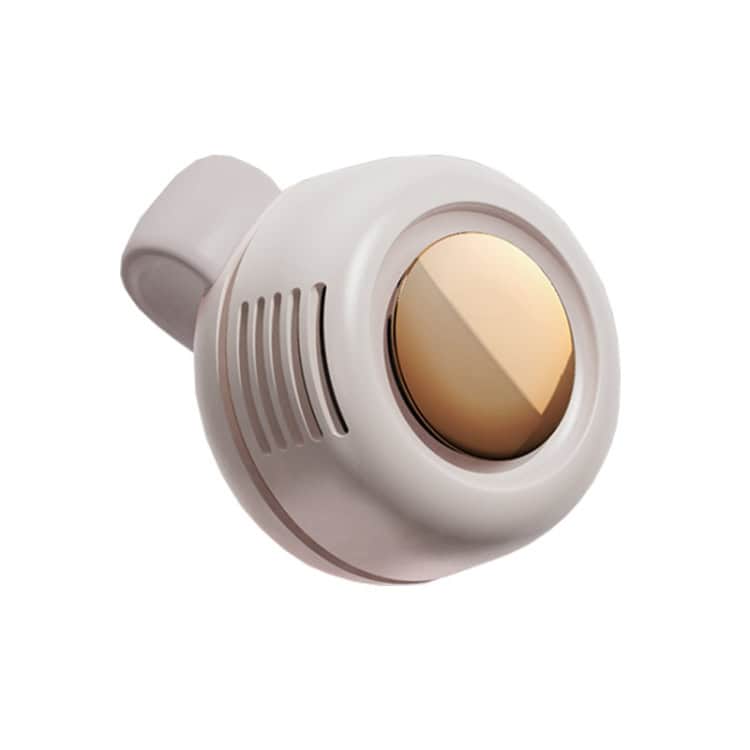 Whirlwind Leafless Fan: Portable Clip Waist Fan - MF019 Small, Cooling Power! 5 Wireless Earbud Featuring A Round Gold Accent And A White Casing Design.