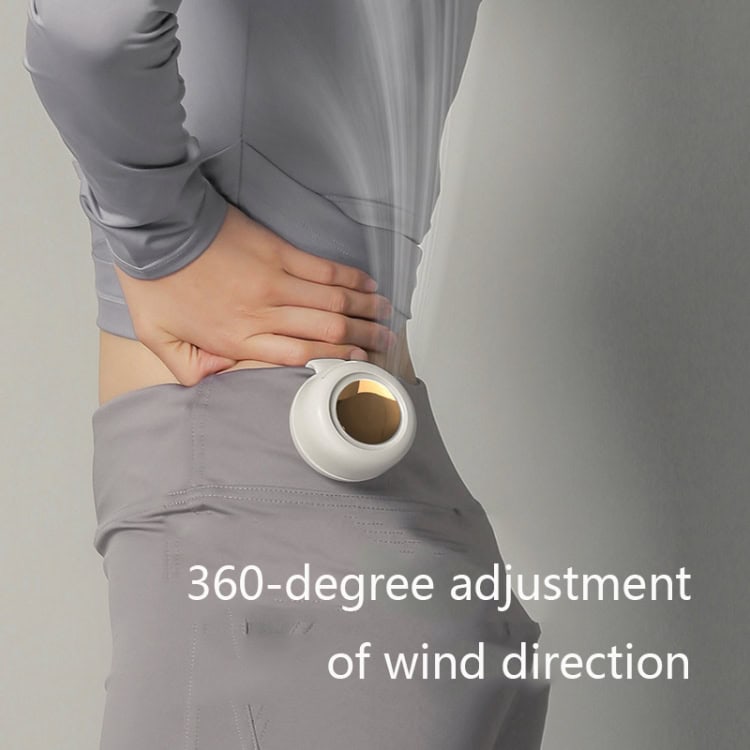 Whirlwind Leafless Fan: Portable Clip Waist Fan - MF019 Small, Cooling Power! 8 A Portable Personal Fan Attached To The Back Of A Person'S Waist, Showing Adjustable Wind Direction Feature.
