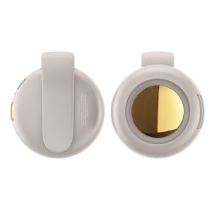 Wireless earbuds in a light gray charging case with a reflective gold interior.