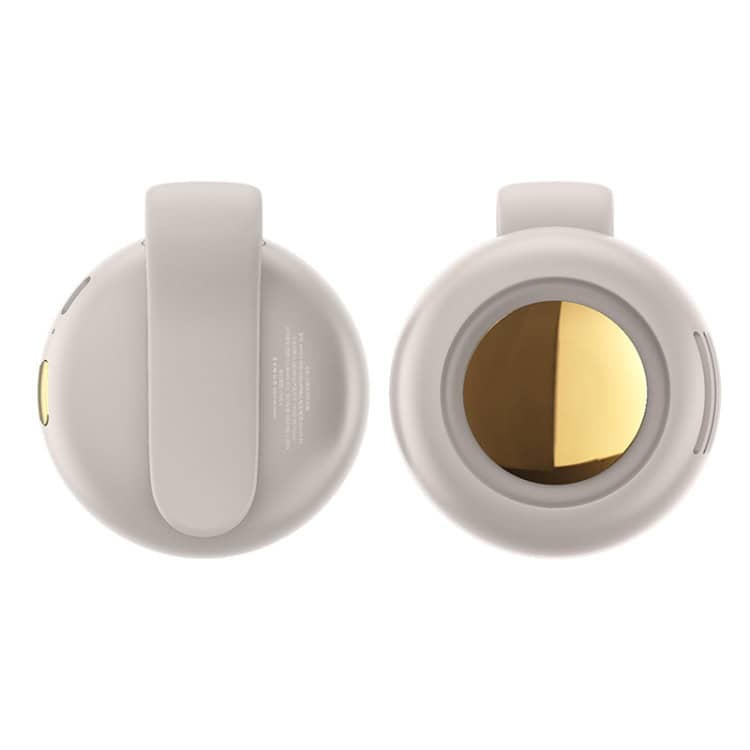Whirlwind Leafless Fan: Portable Clip Waist Fan - MF019 Small, Cooling Power! 1 Wireless Earbuds In A Light Gray Charging Case With A Reflective Gold Interior.
