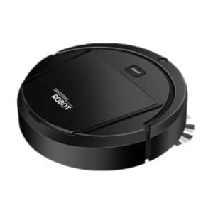 A black robotic vacuum cleaner with a start button on top and side brushes.