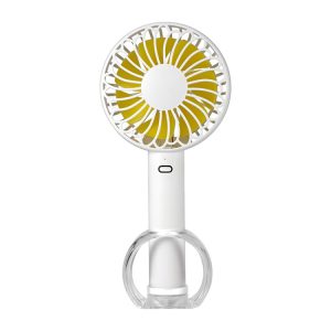 Portable handheld fan featuring a round design with yellow blades and a white handle.