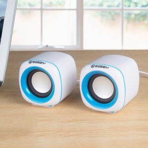 EZEEY desktop speakers for computer, modern compact stereo sound system, ideal for home or office use, high-quality audio output, sleek white design with blue accents.
