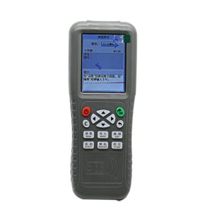 Compact handheld data terminal used for inventory management and barcode scanning in retail or logistics environments.