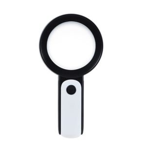 A handheld magnifying glass with a circular lens and a white handle featuring an LED light.