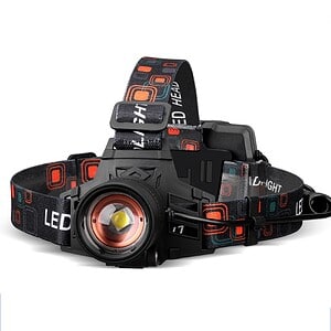 LED headlamp with adjustable strap, waterproof design, and bright COB LED for outdoor adventures and night activities. Perfect for camping, hiking, running, and emergency use.
