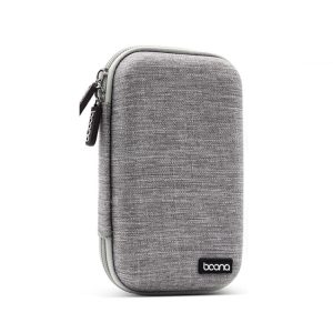 Soft gray Boona carrying case for electronics, lightweight travel organizer, durable fabric with zipper closure. Perfect for organizing gadgets and accessories on the go.