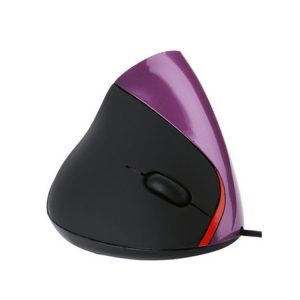 Ergonomic wireless computer mouse with black and purple design, side scroll wheel, and smooth contours for comfortable use.