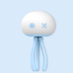 A blue and white jellyfish toy with a round body and tentacle-like appendages.