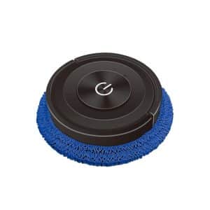 Round cleaning brush with a blue microfiber pad and a power button on top.