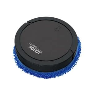 Round black robot floor cleaner with a blue microfiber cleaning pad attached.