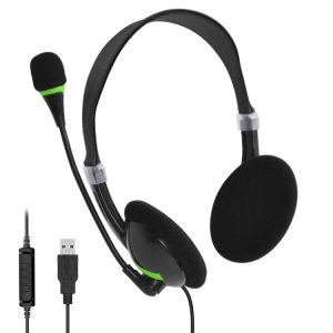 Wireless headset with microphone for gaming and communication, includes USB and 3.5mm jack, noise-canceling headphones, lightweight design, black with green accents, ideal for PC and console use.