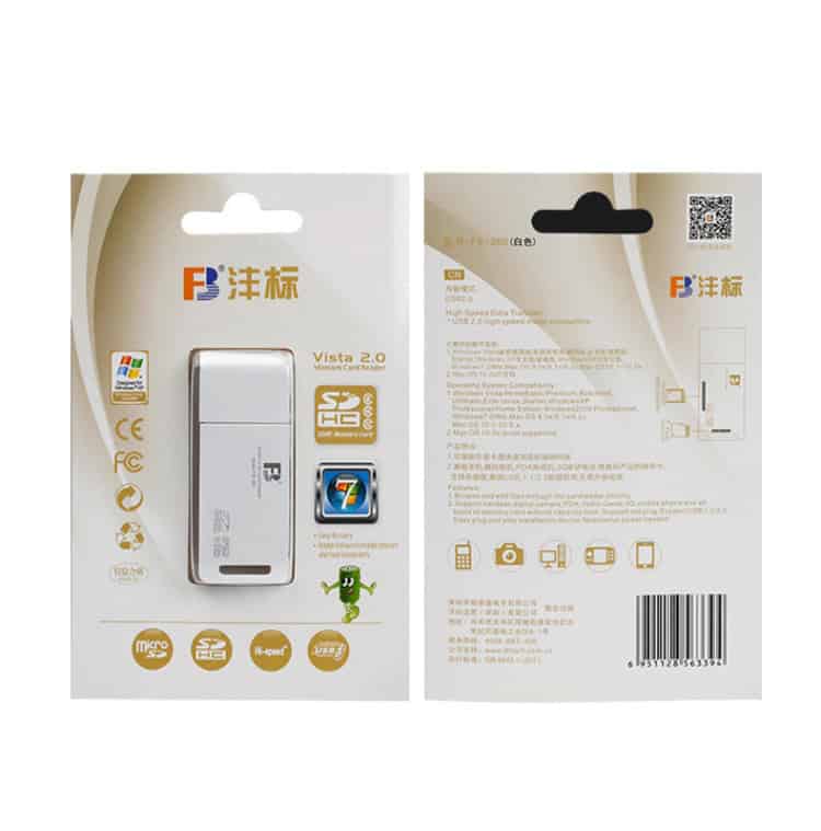 USB 2 in 1 Computer Card Reader for FB FB-360, 5 PCS - Fast Data Transfer 6 Nano Micro Sd Card Storage Device For Digital Cameras And Smartphones, Packaged In White With Colorful Certifications And Branding, Ideal For Tech Accessories And Data Storage Solutions.