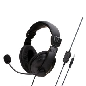 Headset with microphone for gaming and communication, black over-ear design, attached control panel, 3.5mm audio jack, suitable for online meetings, gaming, and multimedia use.