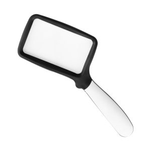Handheld magnifying glass with a rectangular lens and a black handle.