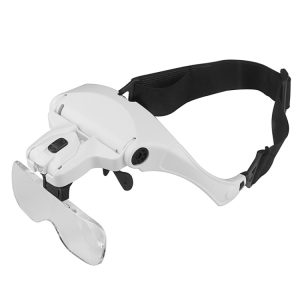 White adjustable magnifying glasses with a headband for hands-free use.