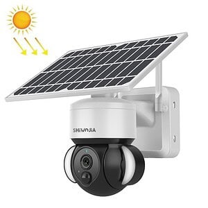 Solar-powered security camera with solar panel for outdoor surveillance.