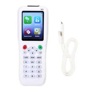 Security handheld remote control device with LCD touchscreen and USB charging cable for electronic payments and access management.