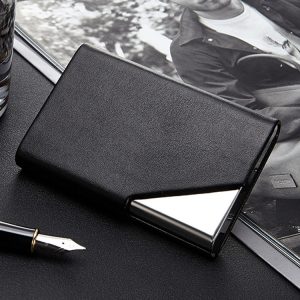 Stylish Men's Leather Business Card Holder with Stainless Steel Clamp