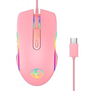 Pink LED gaming mouse with colorful RGB lighting and USB-C cable for high-precision gaming and stylish desk setup.