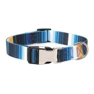Dog collar featuring blue and black stripes with a plastic buckle and metal D-ring.