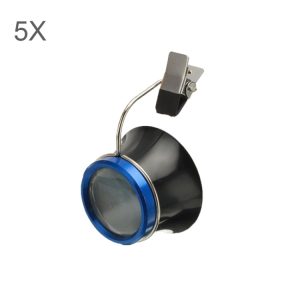 Magnifying glass with a blue rim and a clip for attachment to surfaces.