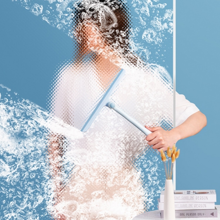 360° Rotating Glass Wiper for Effortless Mirror & Window Cleaning 6 Person Using A Blue Window Squeegee To Clean A Glass Surface With Water Droplets.