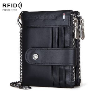 RFID Anti-Theft Leather Wallet - Dual Zipper, Multi-Card Slots, Men's Purse