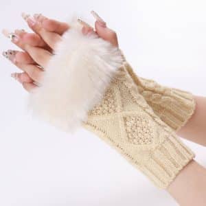 Ladies Furry Diamond Knit Fingerless Gloves - Cozy & Stylish Arm Sleeves
