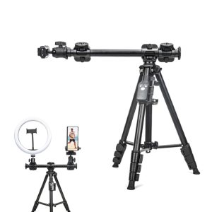 Zoomable photography and videography tripod with smartphone holder and LED ring light for content creation and live streaming.