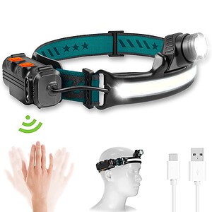 Rechargeable LED headlamp with adjustable strap and remote control for hands-free illumination during outdoor activities or work. Includes USB charging cable for convenience.