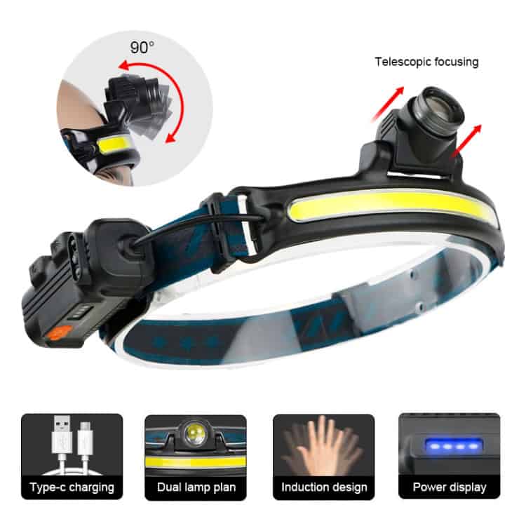 XPG COB Sensor Headlight: 6 Modes, Rechargeable, Illuminate Brightly - Head Lamp 2 Rechargeable Led Headlamp With Telescopic Focusing, Dual Lamp Plan, Induction Mode, And Power Display For Outdoor Activities And Hands-Free Lighting.