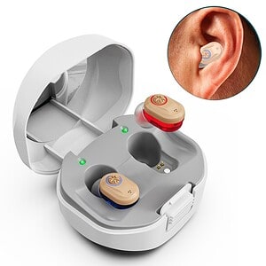 Wireless hearing aids with charging case, compact and modern, designed for discreet auditory assistance and enhanced hearing experience. Ideal for easy on-the-go hearing support.