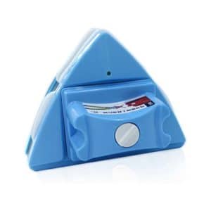Blue triangle-shaped tape dispenser with a red and white label on the front.