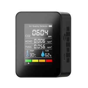 Digital air quality detector monitor measuring CO2, HCHO, TVOC levels with temperature and humidity display for indoor environment monitoring, ideal for home and office air quality management.