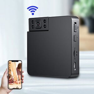 Wireless security camera with smartphone connectivity, home surveillance device, Wi-Fi enabled security system, portable spy camera for home and office monitoring.