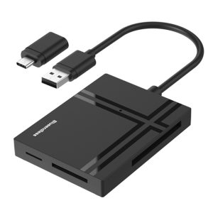 USB-C to SD card reader for digital cameras and storage devices, compact black design.